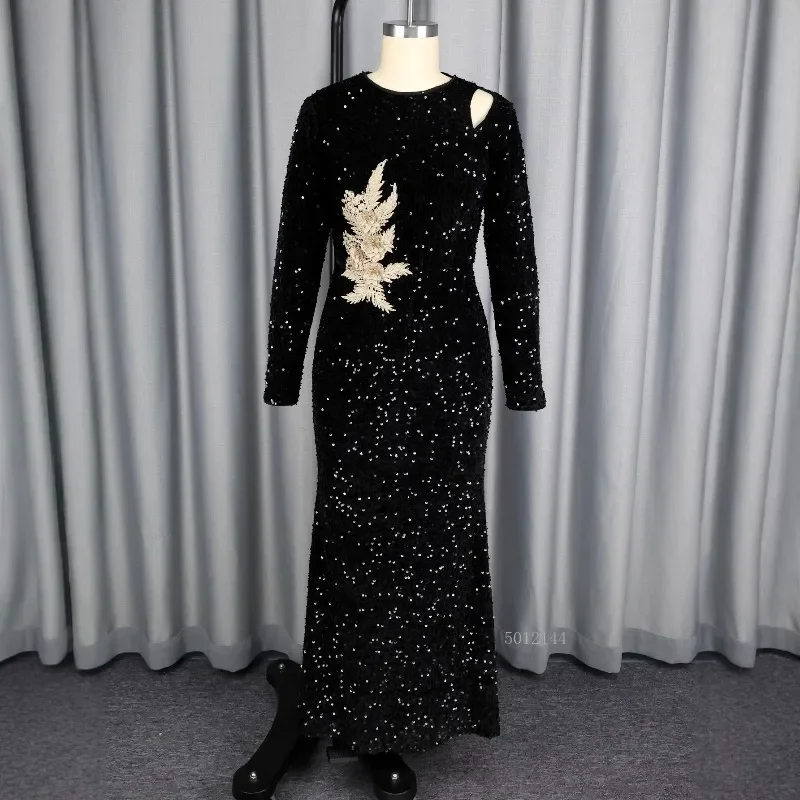 

Elegant plus Size African Long Sleeve O-neck Black Sequin Party Evening Maxi Dress Women's Gown Outfit