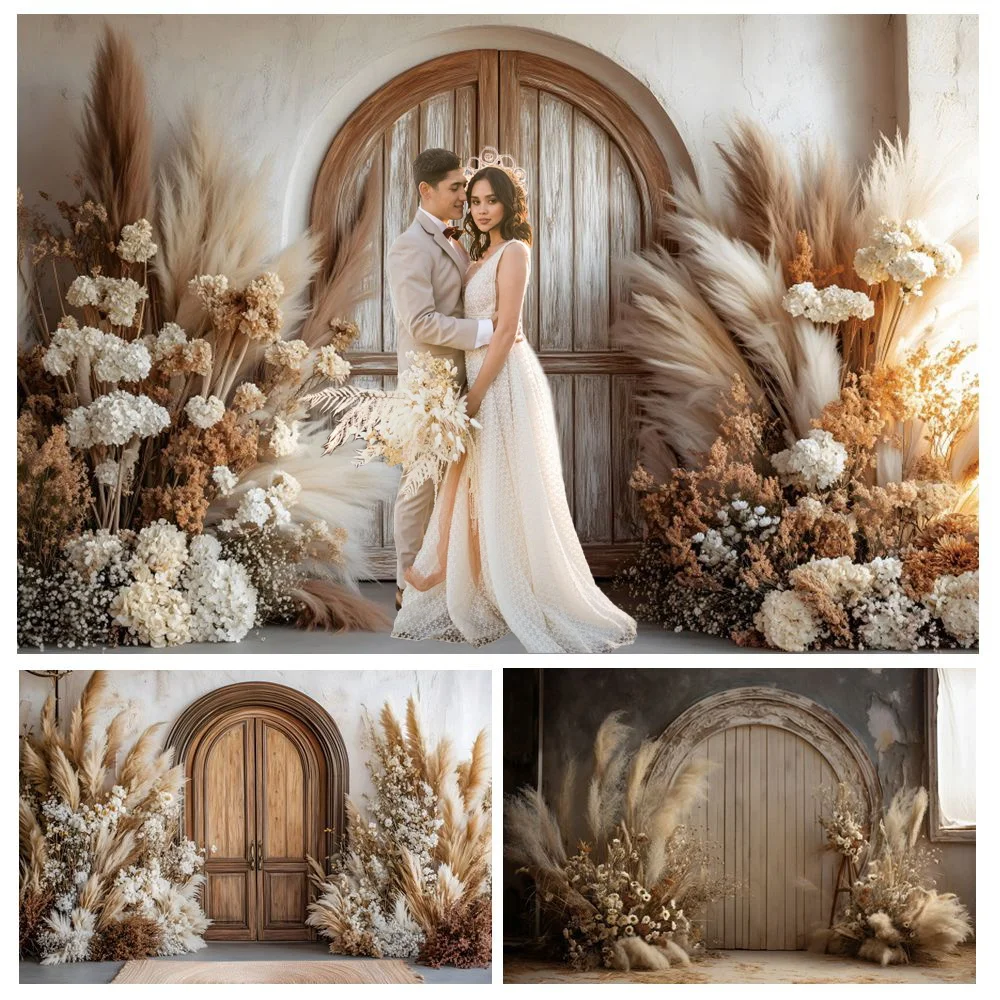 Boho Pampas Grass Wood Door Backdrop Wedding Portrait Bridal Shower Kids Birthday Pregnant Portrait Photography Background