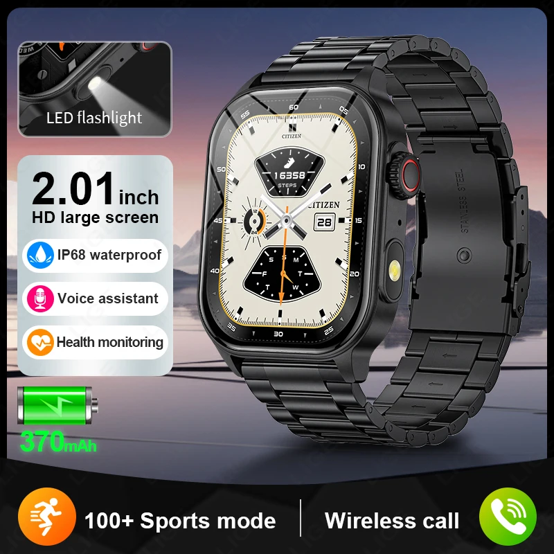 

LIGE New Smart Watch LED Flashlight Military Sport Watches 2.01'' Screen Health Monitor Bluetooth Call Waterproof Smartwatch Men