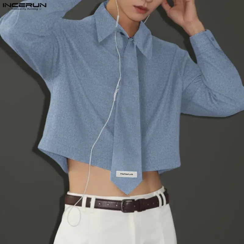 

INCERUN Men Shirt Solid Color Lapel Long Sleeve Casual Male Tops With Tie Streetwear 2026 Fashion Leisure Men Clothing S-5XL
