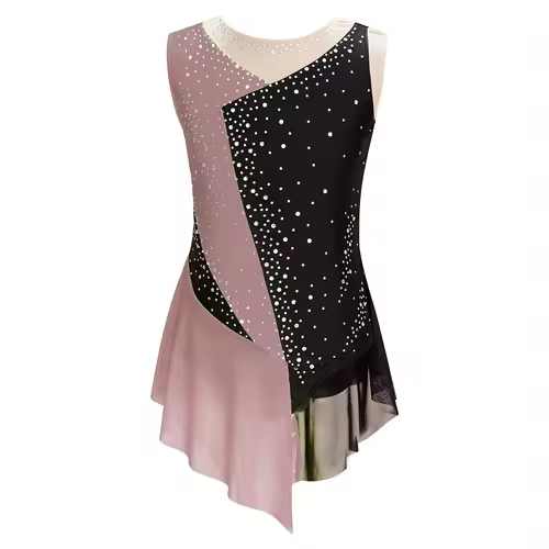 Kids Girls Figure Skating Rhythmic Gymnastics Leotard Dress Asymmetrical Split Shiny Rhinestones Contrast Color Dress Ballerina - Image 14