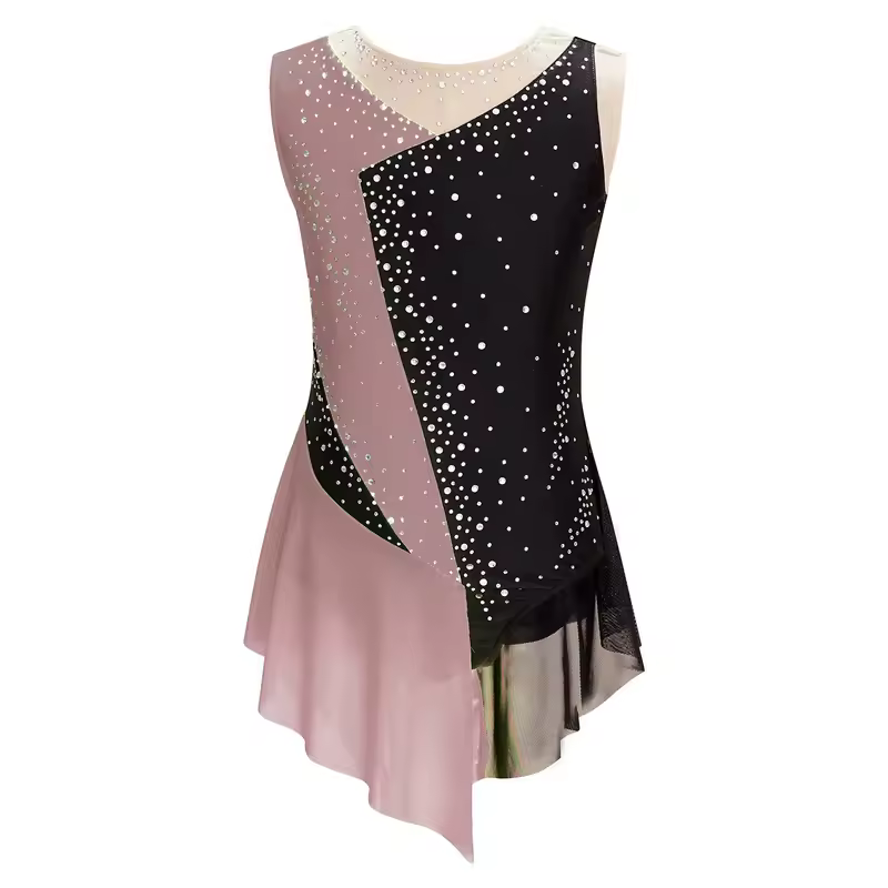 Kids Girls Figure Skating Rhythmic Gymnastics Leotard Dress Asymmetrical Split Shiny Rhinestones Contrast Color Dress Ballerina - Image 14