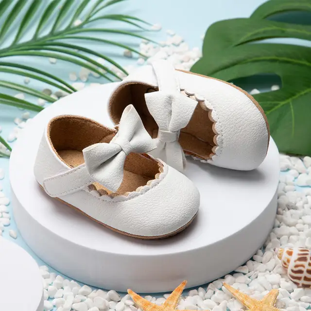 Retro New Newborn Baby Walking Shoes Spring Autumn Solid Color Bow Princess Shoes PU Anti-slip Soft Rubber Bottom Baby Casual 2