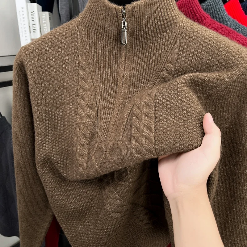 Luxury Man Long Sleeves Knitwear Mock Neck Thicken Zipper Winter New Warm Tops Non-deforming Leisure Quality Hot Men's Clothing