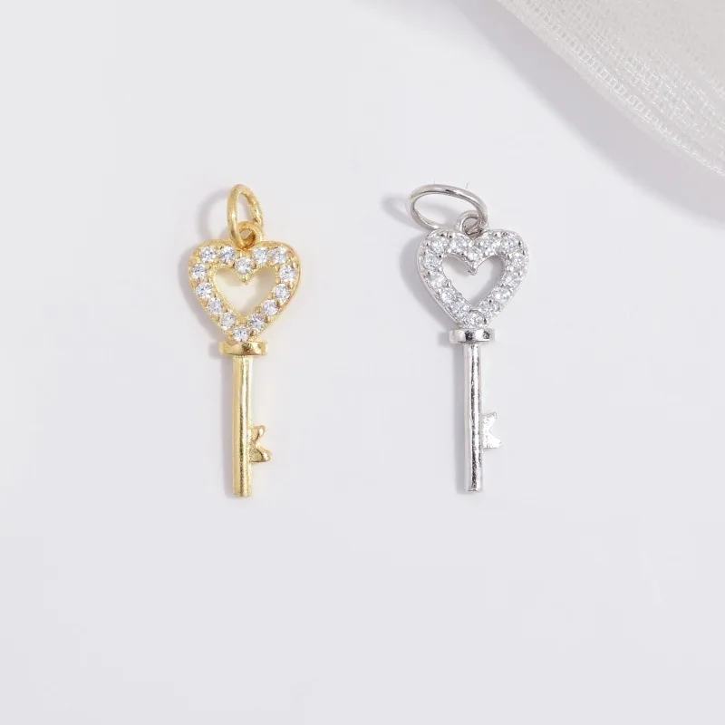 

S925 Sterling Silver Heart Ring & Key Pendant with Cubic Zirconia Adjustable DIY Bracelet Necklace Charm for Women