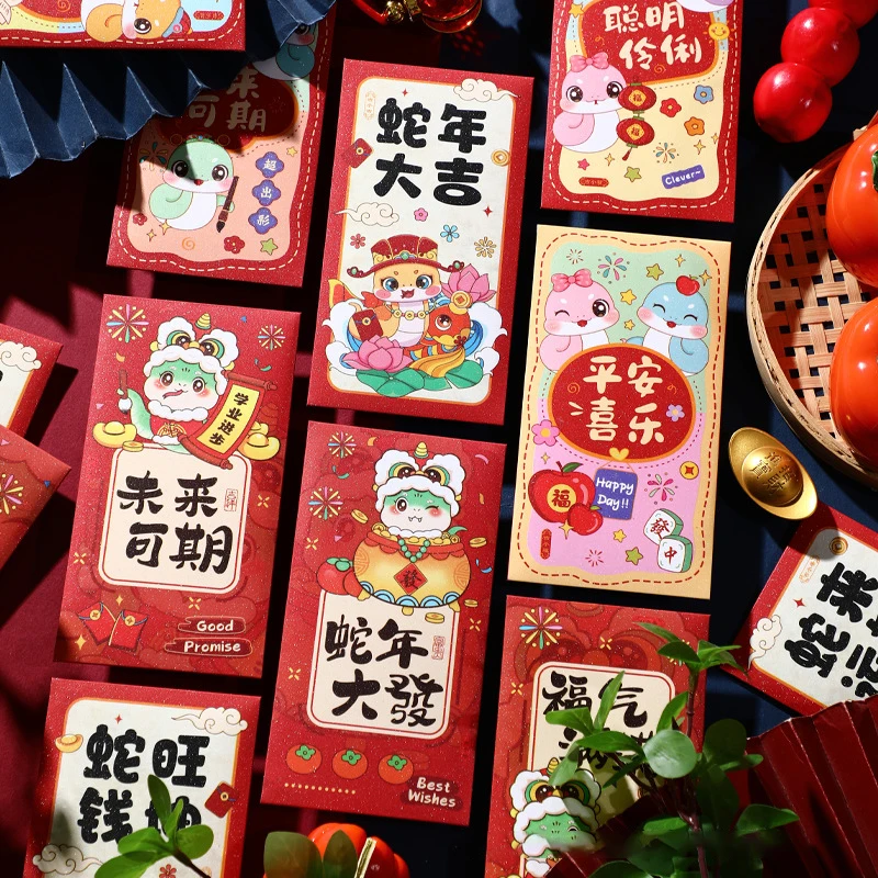 6Pcs 2025 Snake Year Red Envelopes Cartoon Cute Spring Festival Lucky Money Pockets New Year Red Packet