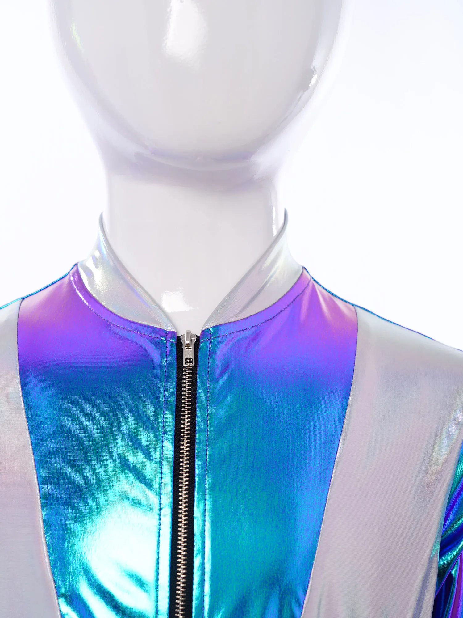 여아용 반짝이는 메탈릭 유니타드 점프수트 댄스웨어 체조 레오타드 무대 공연용 긴 소매 지퍼 바디수트