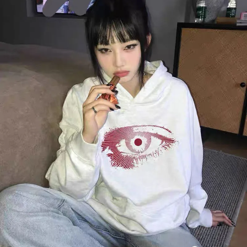 Red Eye Graphic American Men Women  for Hooded Sweatshirts  Retro  Loose Oversize High Street Y2k Hoodieswomen\'s Clothes