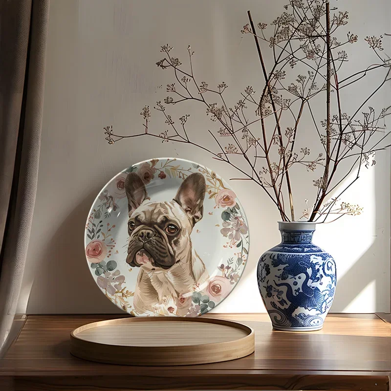 1pc Vintage Floral Ceramic Decorative Plate - French Bulldog Relief Wall Art, Round Non-Food Contact European Home Decor for