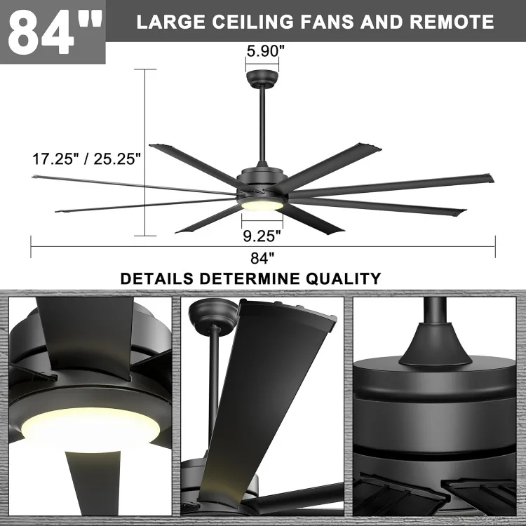 조명이 달린 대형 산업용 천장 선풍기, 리모컨 조용한 DC 천장 선풍기, 블랙, 84 인치