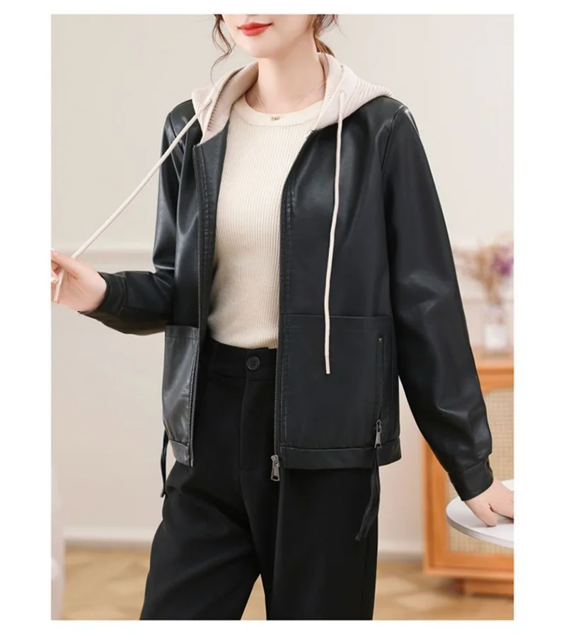 Leather Jacket High-grade Hooded Leather Jacket Female Short Spring and Autumn Loose Fashion Joker Casual Leather Jacket Tide