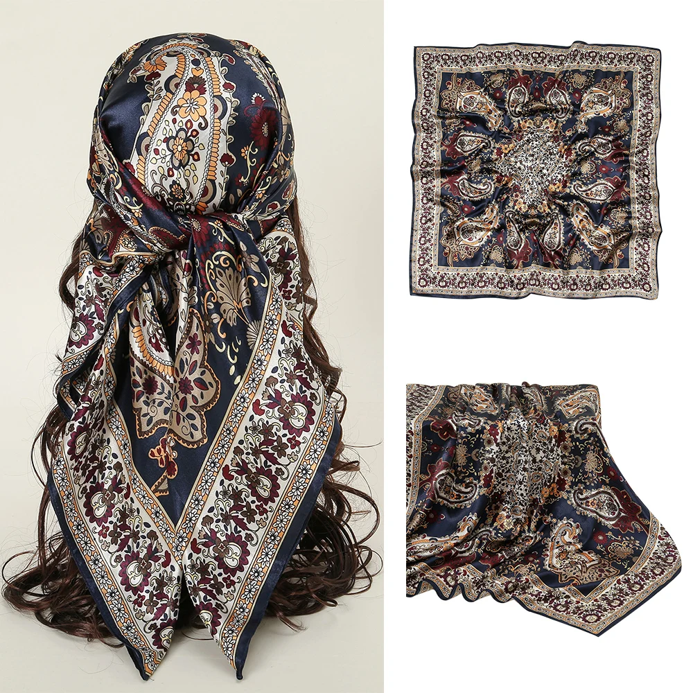 90*90cm Muslim Paisley Printed Square Scarf for Women Luxury Floral Turban Silk Satin Hair Wraps Elegant Patterns Headband