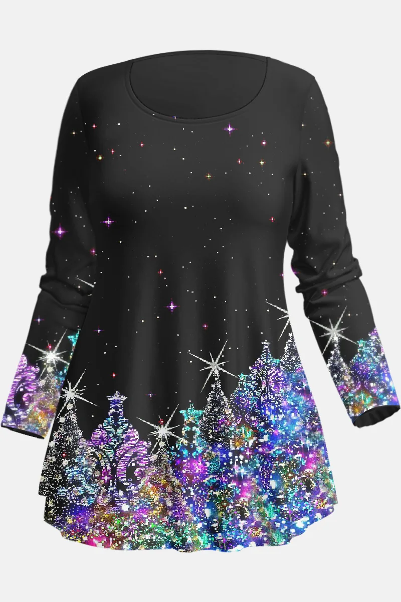 Flycurvy Plus Size Casual Black Ombre Rhinestone Star Print Long Sleeve T-Shirt