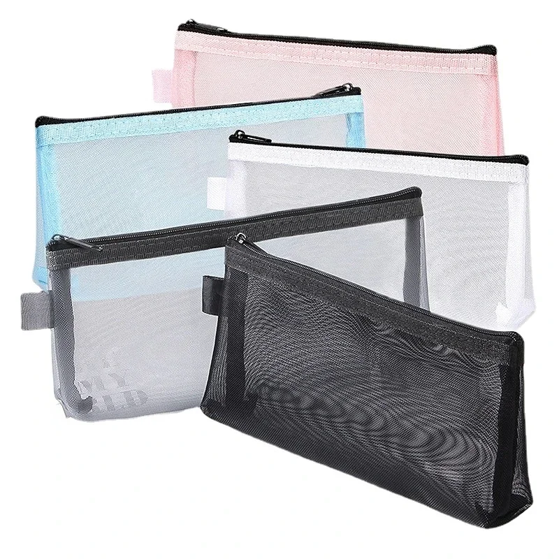 Transparent Mesh Cosmetic Bag Nets Nylon Mekeup Bag Pouch Zipper Stationery Penci Bag Case Organizer Bags