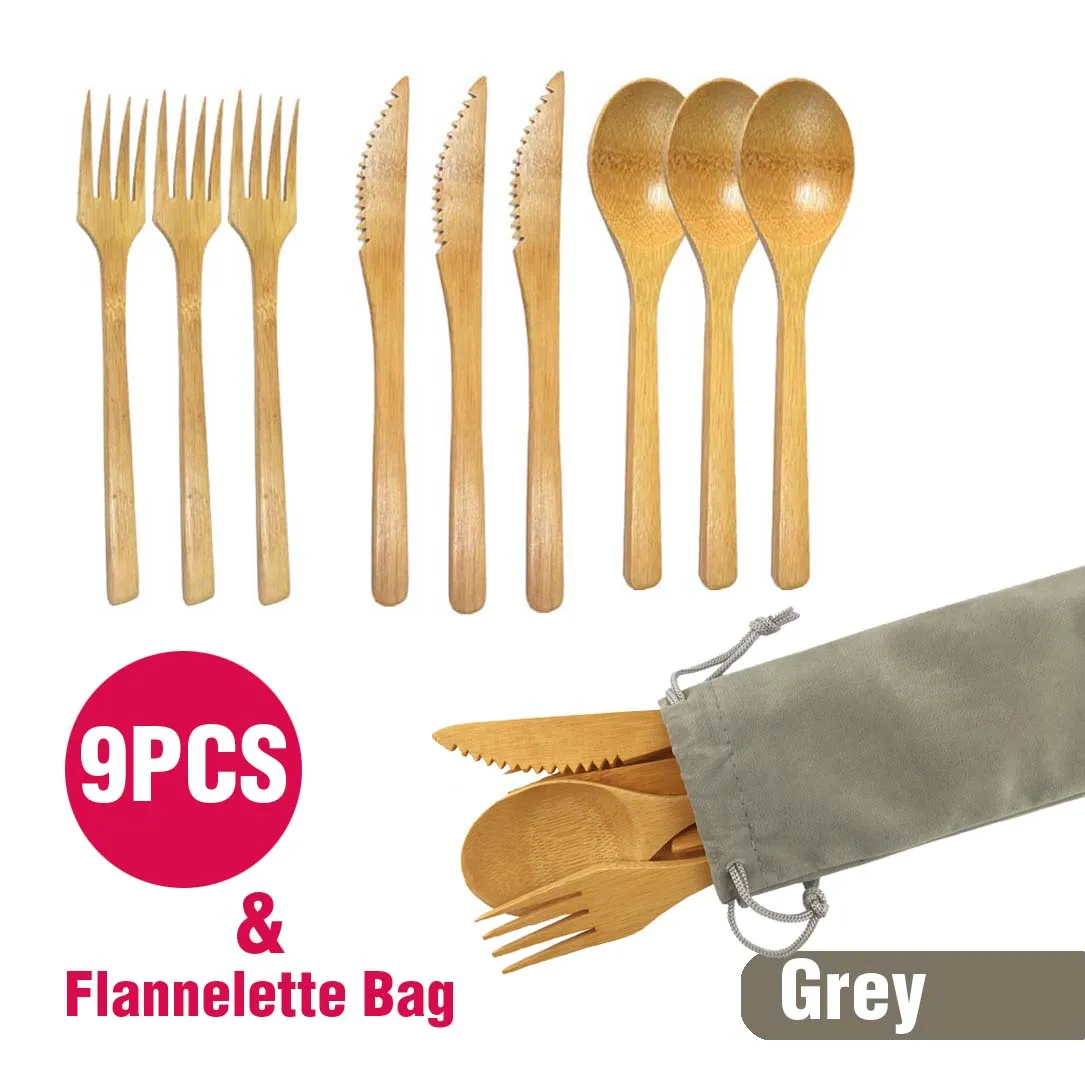 

Bamboo Tableware 9PCS Pack with Flannelette Cotton Bag Reusable Spoon Fork Knife Natural Cutlery