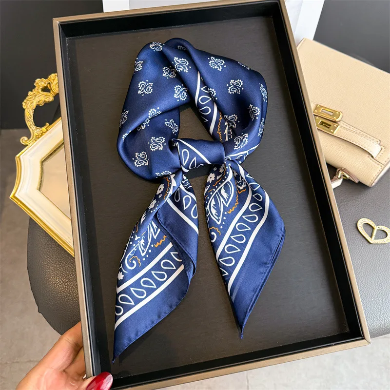 

Classic Blue Silk Square Scarf Women Paisley Print Kerchief Satin Hairband Hands Bag Ribbon Foulard Hijab Neckerchief Headband