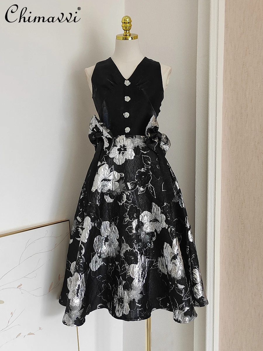 

French Hepburn Style Bright Silk Stitching Jacquard Bow Diamond Dress Summer New Elegant Ladies High Waist Party A- Line Dress
