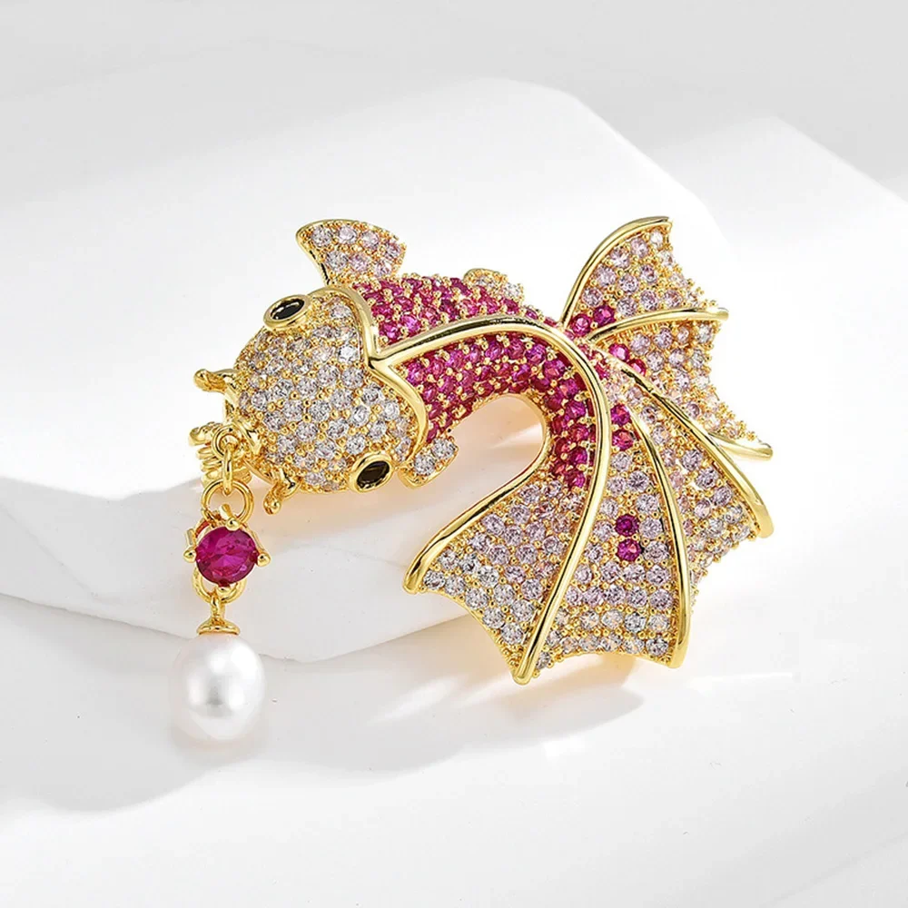 Trendy Red Koi Fish Rhinestone Brooches for Women Unisex Vintage Carp Fish Animal Brooch Pin Coat Suit Office Party Gifts