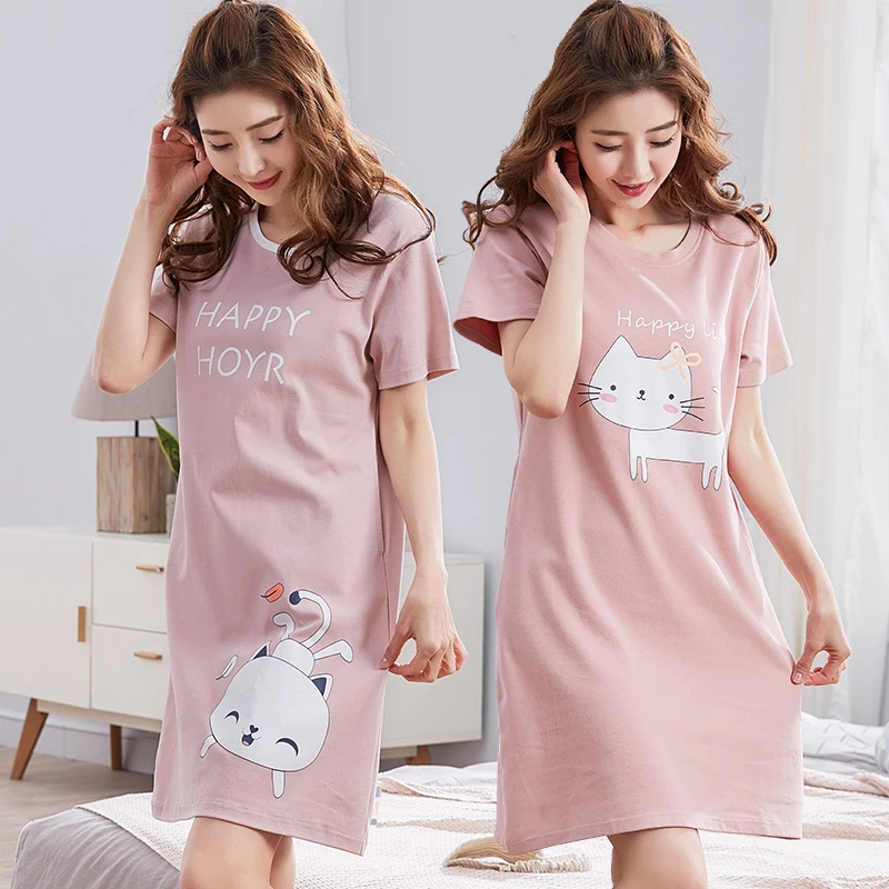 2024 Summer Short Sleeve Cotton Nightgowns for Women Korean Cute Cartoon Cat Sleepwear Night Dress Nightdress Home Nighty Ladies