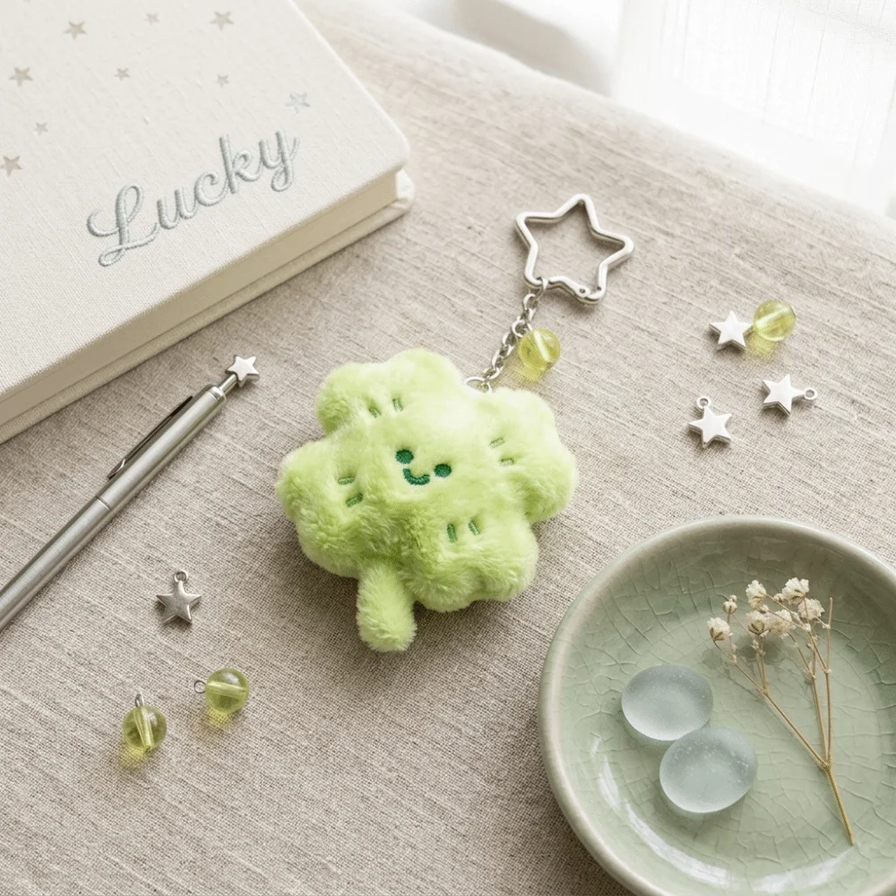Smiling Face Keychain High-Quality Fuzzy Elastic PP Cotton Four Leaf Clover Keychain Ultra Soft Skin-Friendly Fluffy Keychain