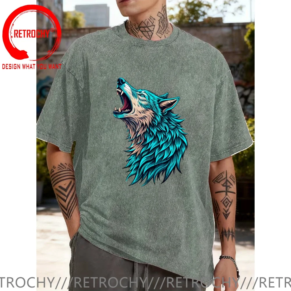Vintage Washed Cotton T-Shirt Funny Designer Howling Wolf Head T Shirt Men Fashion Trendy Casual Clothing Stylish Tops Tees