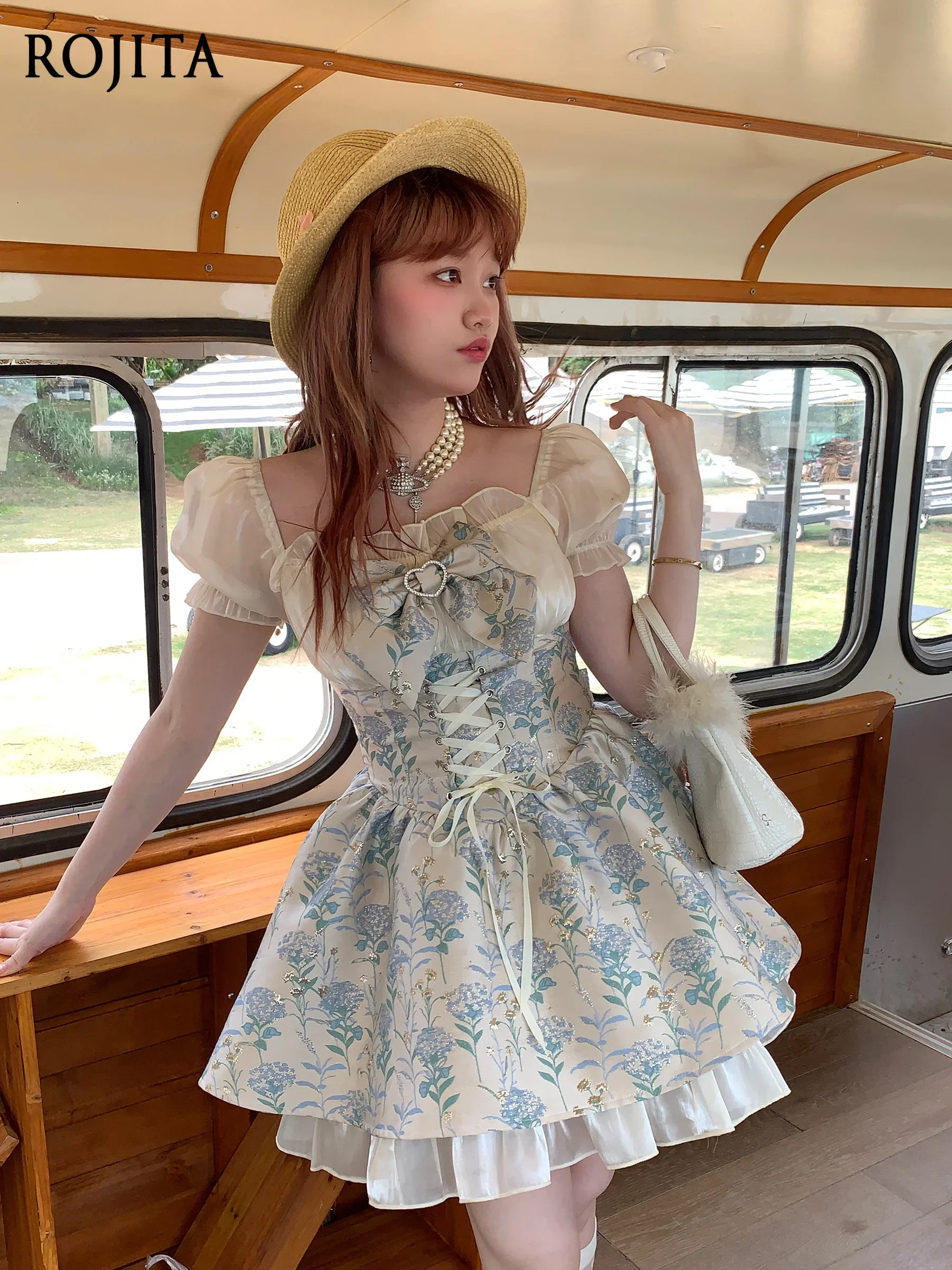 

Japanese Sweet Spring and Summer Princess Waist-Tight Puff Short Sleeve Dress Women Lace Printing Stitching Cute Girl Dresses