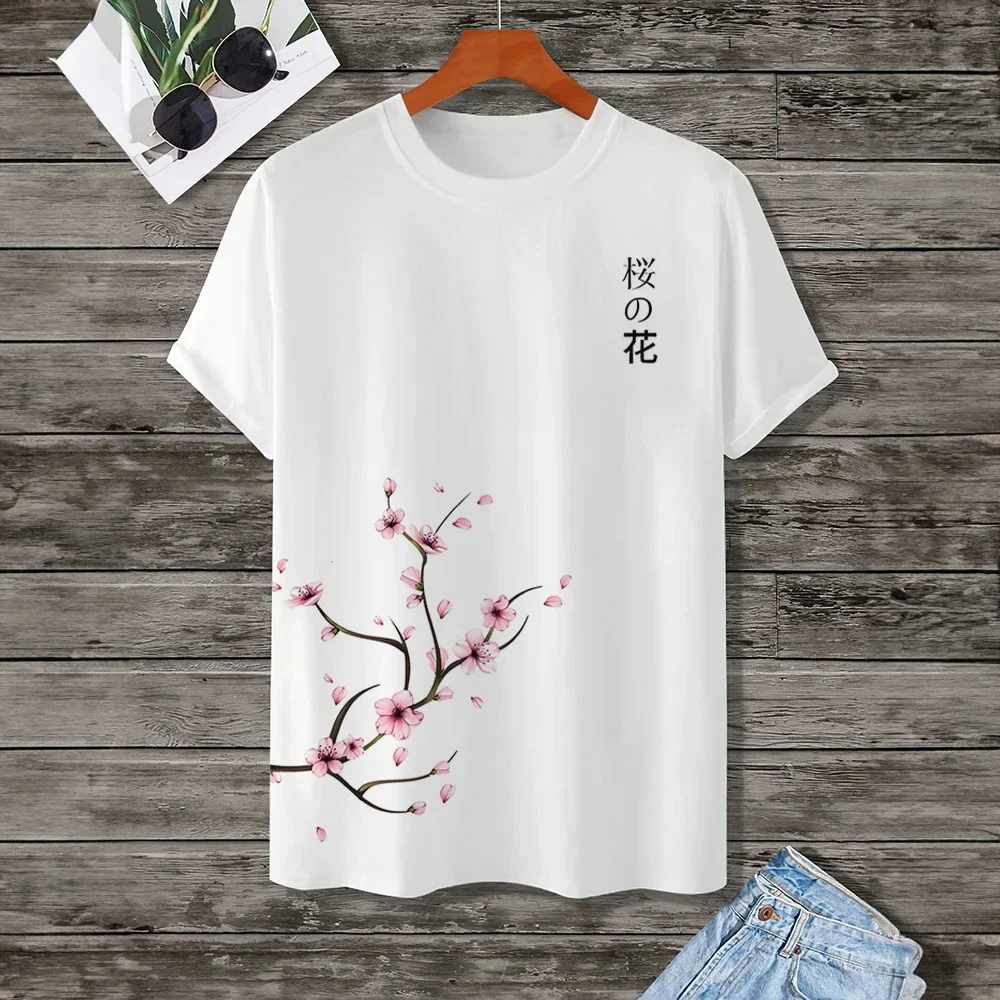 New Cherry Blossom 3D Printed Minimalist Men's T-shirt, Casual Loose Oversized Street Short Sleeves, Fashionable Men's Clothing