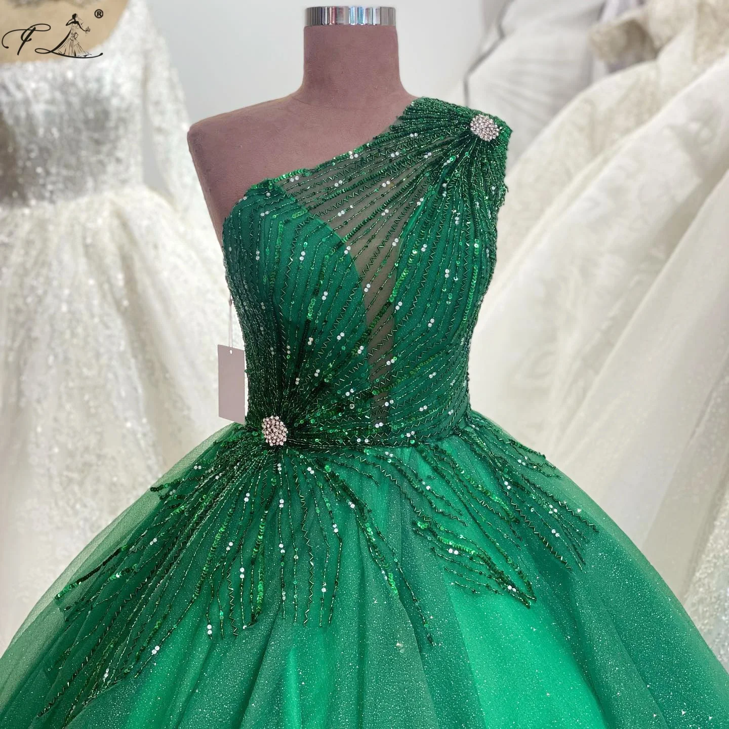 Dark Green Ball Gown Simple Sequin Tulle Dress Rhinestone Embellished Party Dress Grand Evening Gown Wedding Dress Customizable
