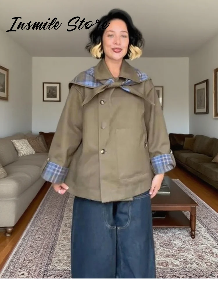 Elegantní kostkované oboustranné kabáty s klopou, jednořadé zapínání na dlouhý rukáv, kapsa, šněrovací bunda, podzim 2025, dámské ležérní svrchní oblečení, nové - náhled 3