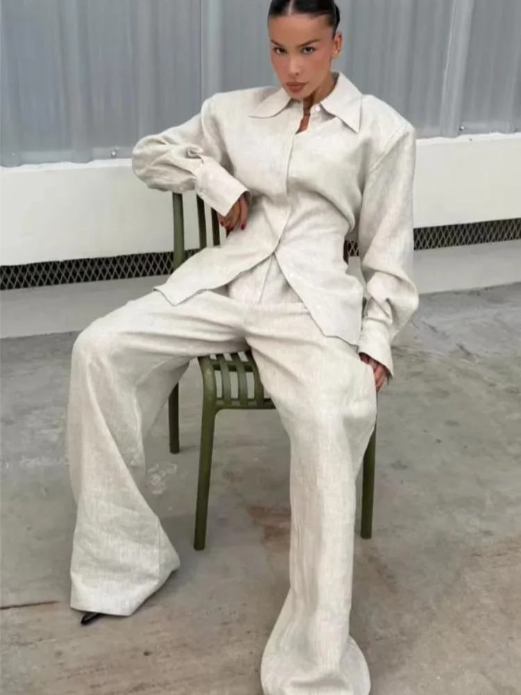 Artistic Gray Linen Co-ord Women Set Relaxed Long Sleeves Lapel Shirt Wide-leg Pants Sets 2026 Summer Lady Daily Outing Suits