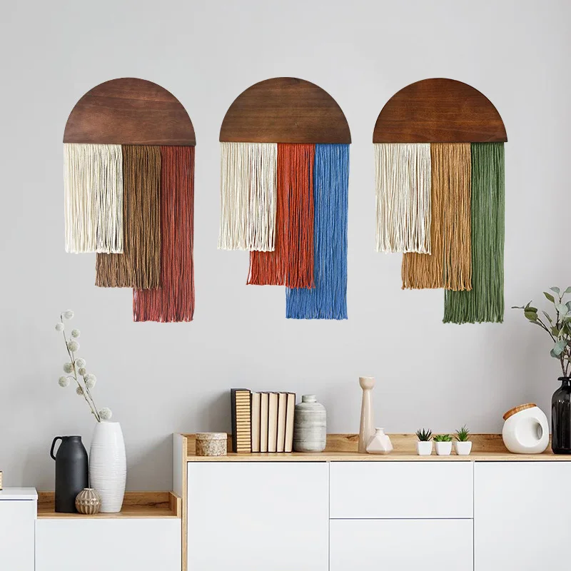 Bohemian Semi-Circular Handwoven Cotton Tassel Tapestry Wall Hanging Decor for Motel Homestay Boho Wooden Board Home Decor
