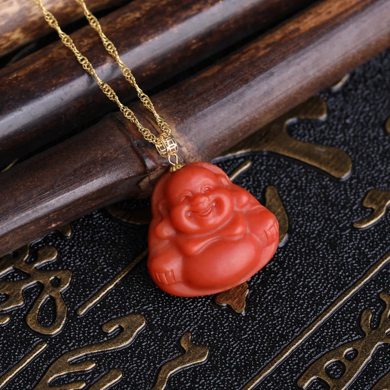 

18K Gold Inlaid Southern Agate with Certificate Red Jade Laughing Maitreya Buddha Pendant for Women