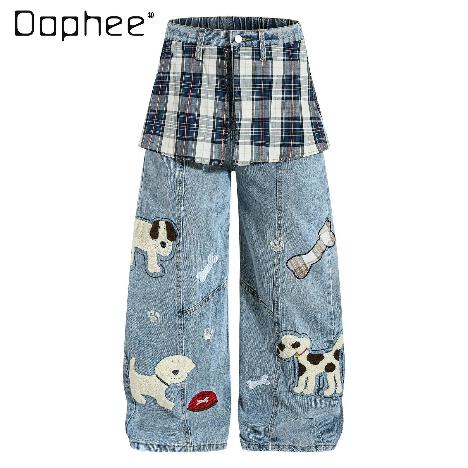 

American Retro Cartoon Towel Embroidery Puppy Patchwork Design Denim Pants 2026 New Unisex Loose Wide-leg Long Pants Trendy