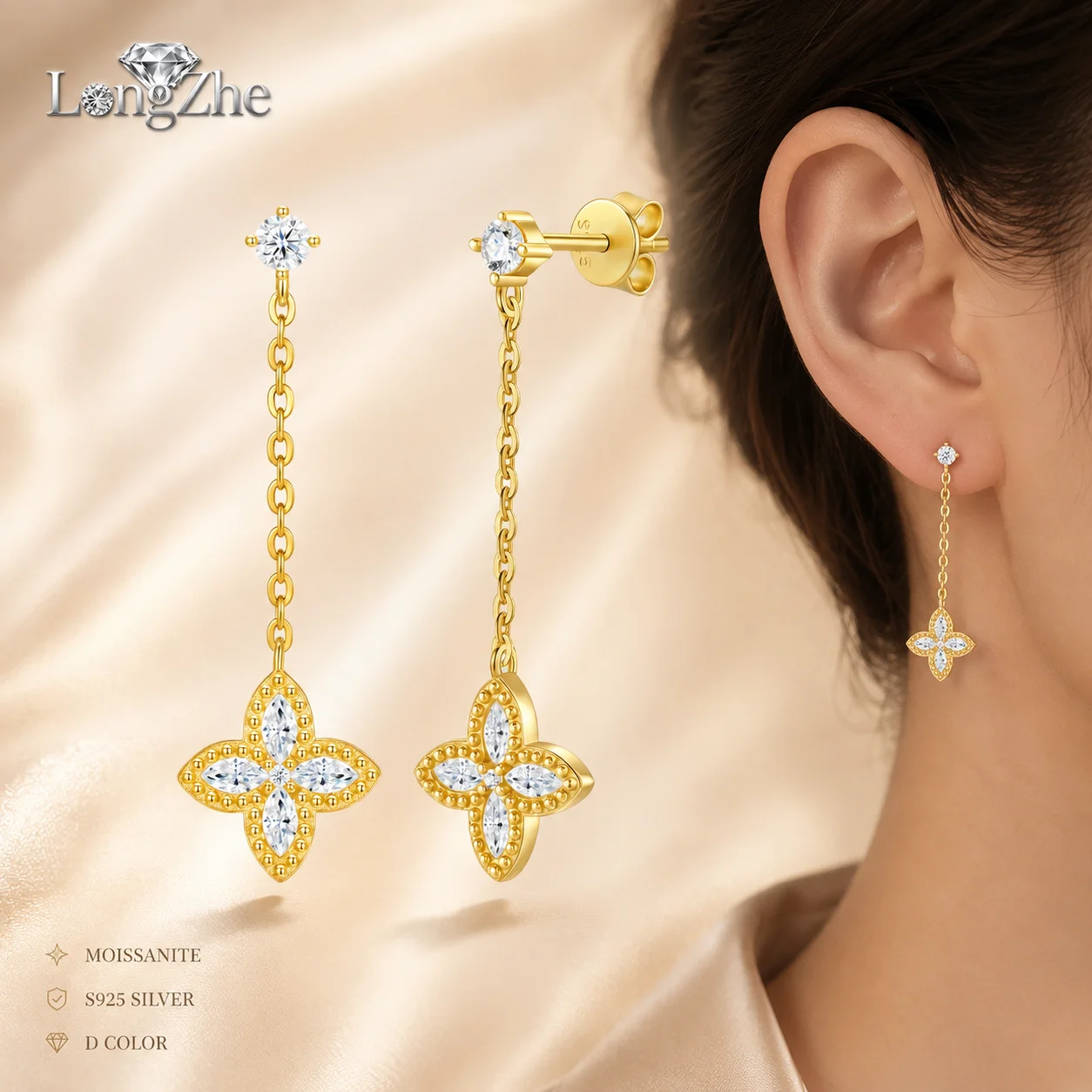 LongZhe Moissanite Drop Earrings S925 Sterling Silver Gold Color Four Leaf Clover Dangle Earrings Modern Jewelry Gift for Women