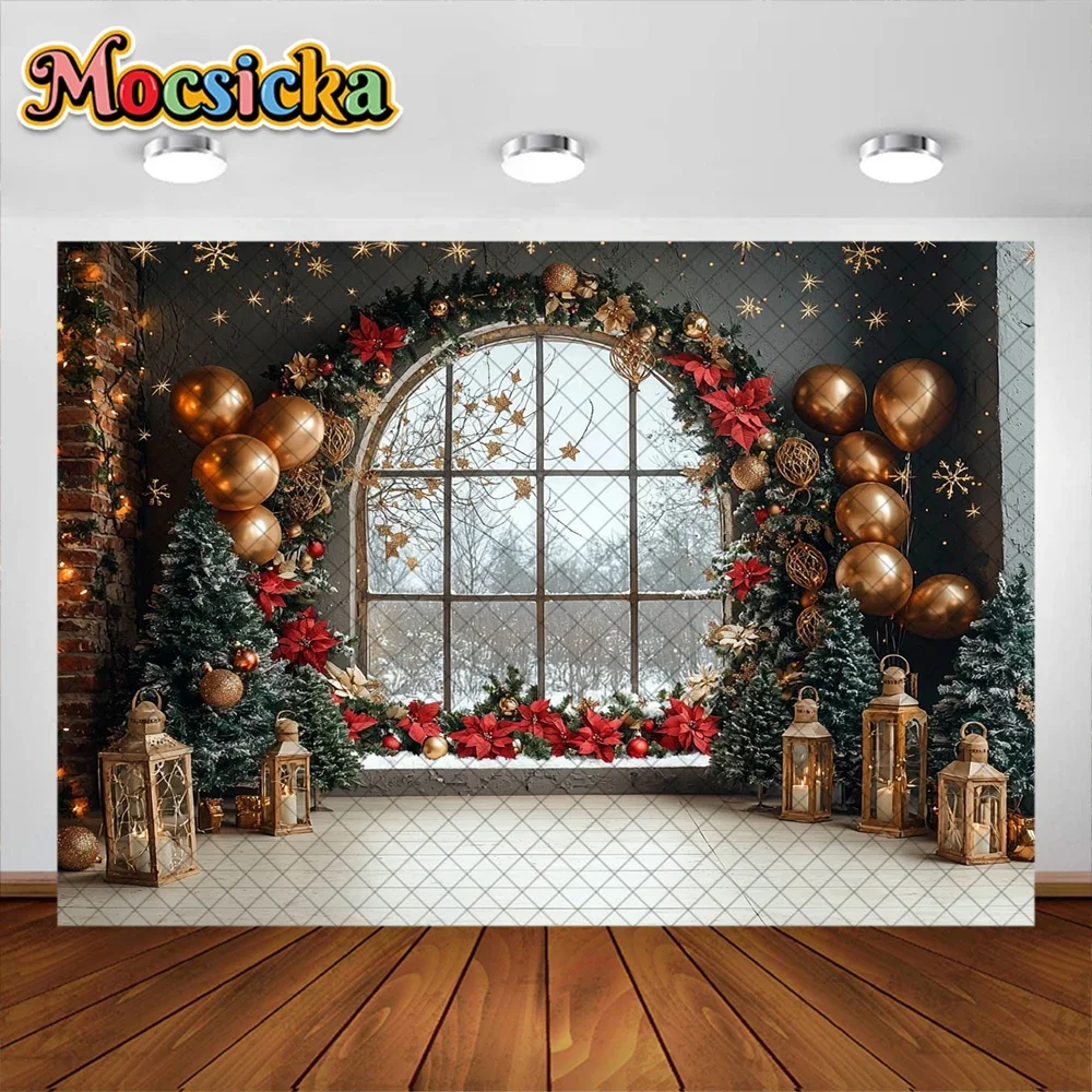 Mocsicka Photography Background Winter Christmas Wreath Window Decoration Supplies Kids Photo Portrait Backdrops Studio Props