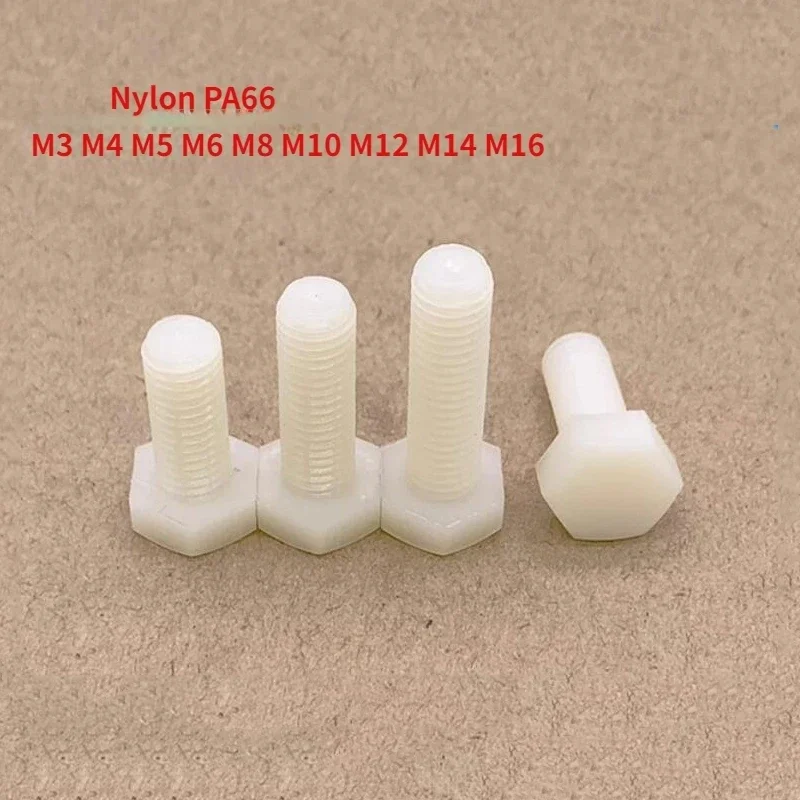 10-200PCS  M3 M4 M5 M6 M8 M10 White Nylon Outer Hexagon Plastic Screw PA66 White Insulated Nylon Hex Bolt Thread Length 5mm-80mm