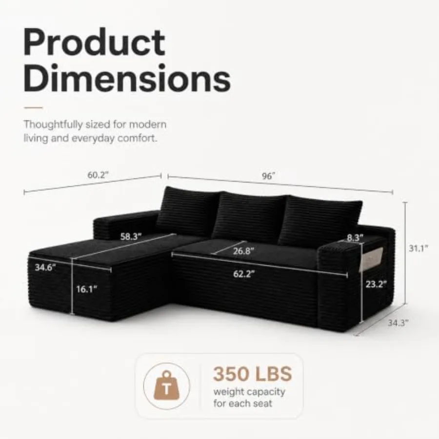 96 inch Boneless Couch, Modular L-Shaped Cloud Sectional Sofa