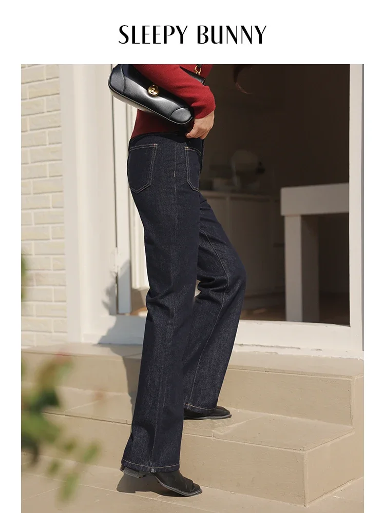 Women Retro High-Waist Flared Jeans Spring 2025 Dark Blue Wash Contrast Stitching Wide-Leg Bell-Bottom Casual Denim Trousers