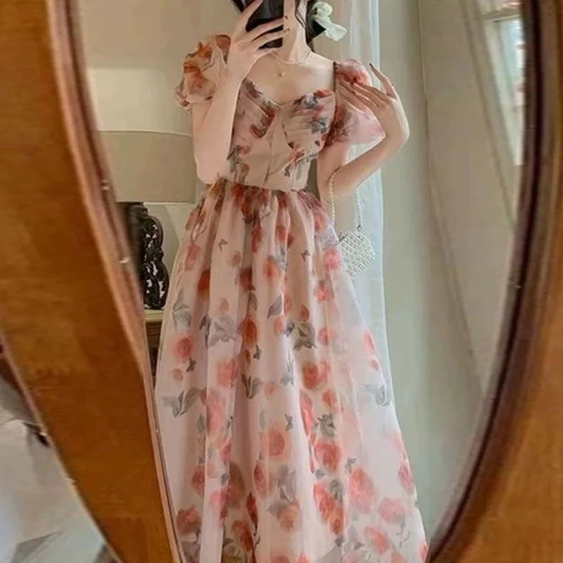 Summer New V-neck Puff Sleeve Maxi Dress Women Chic Floral Printing Youth Sweet Princess Dresses Vintage Elegant Lace Vestidos