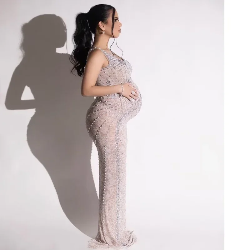 Oversize Clothes Shiny Diamonds Crystal Spandex Elegant Maternity Gown Photography Dress Robe De Soiree Rouge