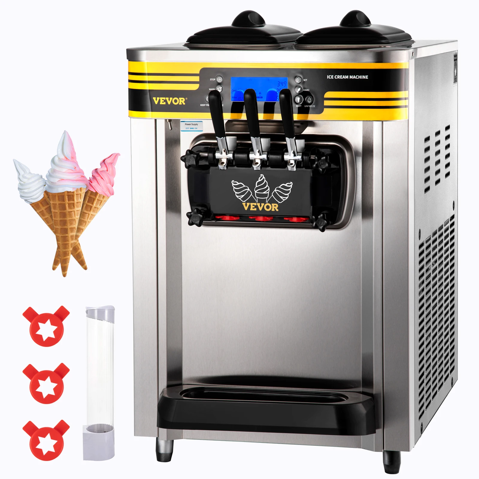 VEVOR 22-30L/H Soft Ice Cream Maker Commercial Countertop Tricolor 2+1 Flavors Sweet Cones Freezing Equipment Vending Machine