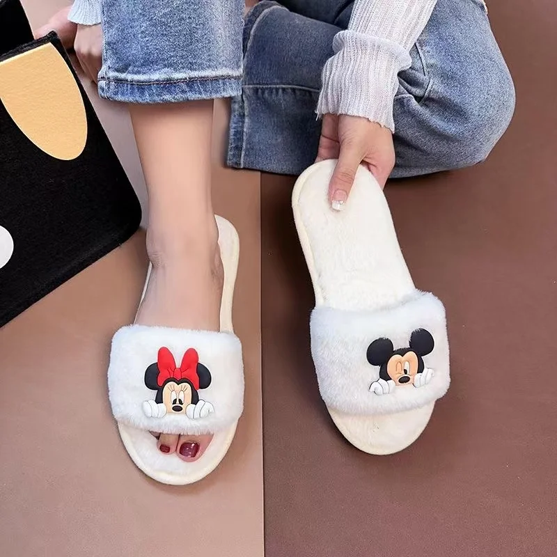 

Sneaking at Mickey Mouse Cute and Playful Girl Style Home Plush Cotton Slippers Women's Plush Shoes One Line Slippers