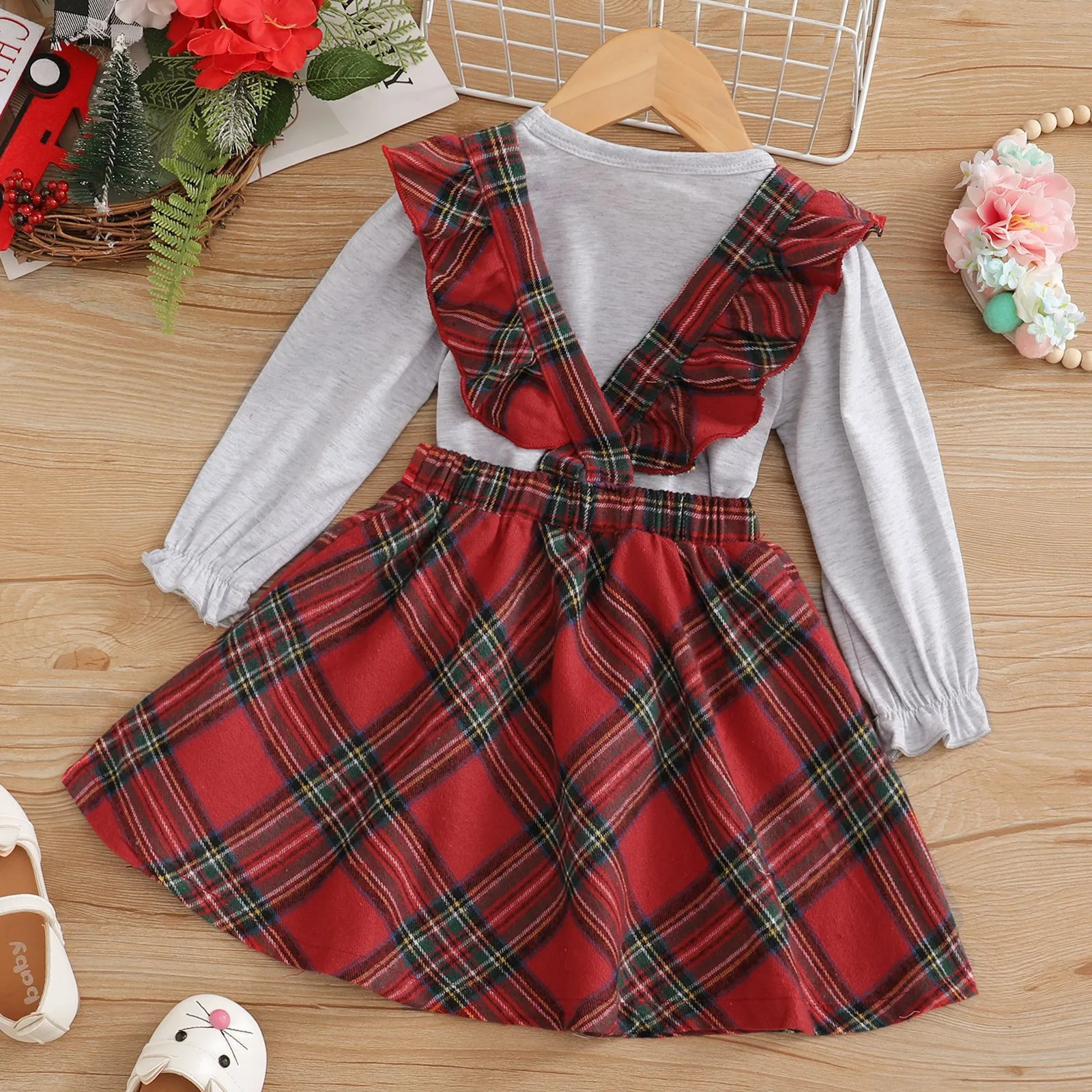 3 6 12 18 Months Christmas Newborn Baby Girls Clothes Sets Long Sleeve Tops Plaid Skirt Headband Xmas Costumes 2Pcs Outfits