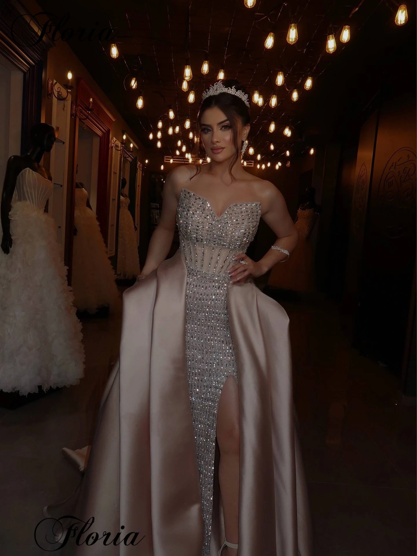 

Luxury Crystals Evening Dresses Mermaid Sweetheart Elegant Formal Occasion Dresses With Side Slit Robes De Soirée Customized