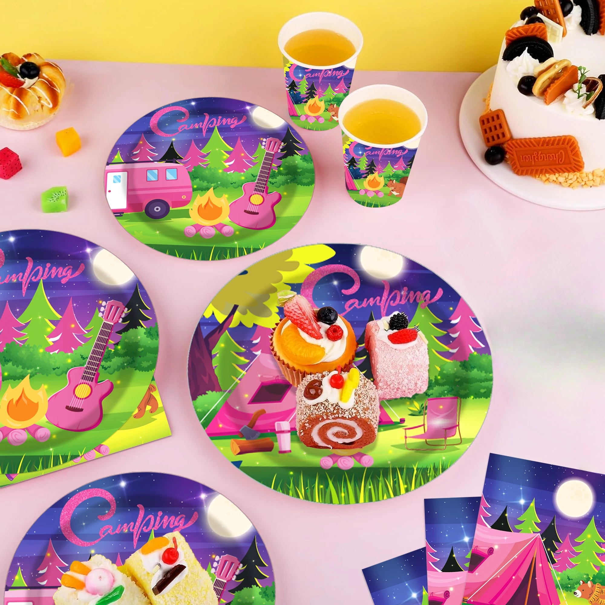Pink Camping Disposable Party Tableware Set, Tent Campfire Paper Plates Cups Napkins for Baby Shower Birthday Party Supplies