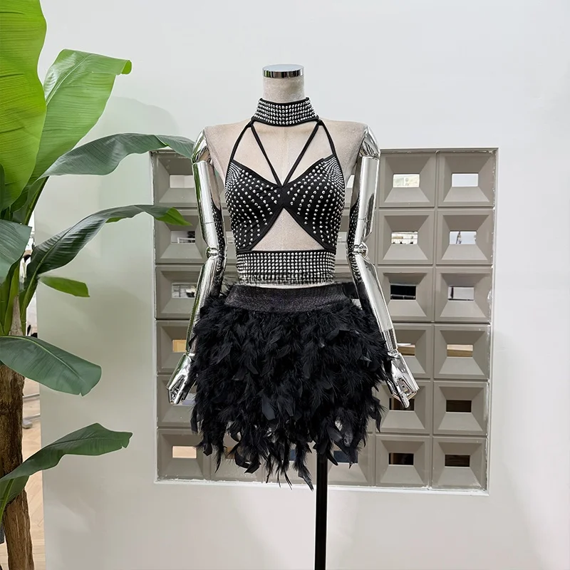 

Sexy Hollow out Feather f Skirt Set Trendy Hot Girl ort Sve No Zipper mid High Waist Spring Faion Par Wear