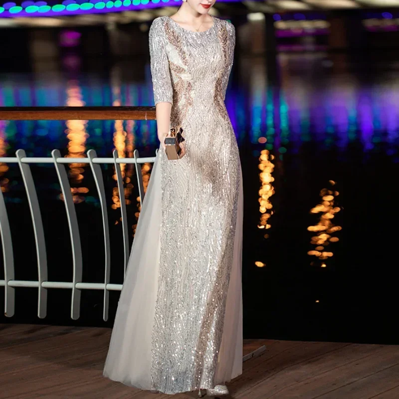 Elegante Pailletten Lange Avondjurk Een Lijn O-Hals Met Appliques Elegante Feestjurk Voor Vrouwen Formele Gelegenheid Jurk Prom-Jurk