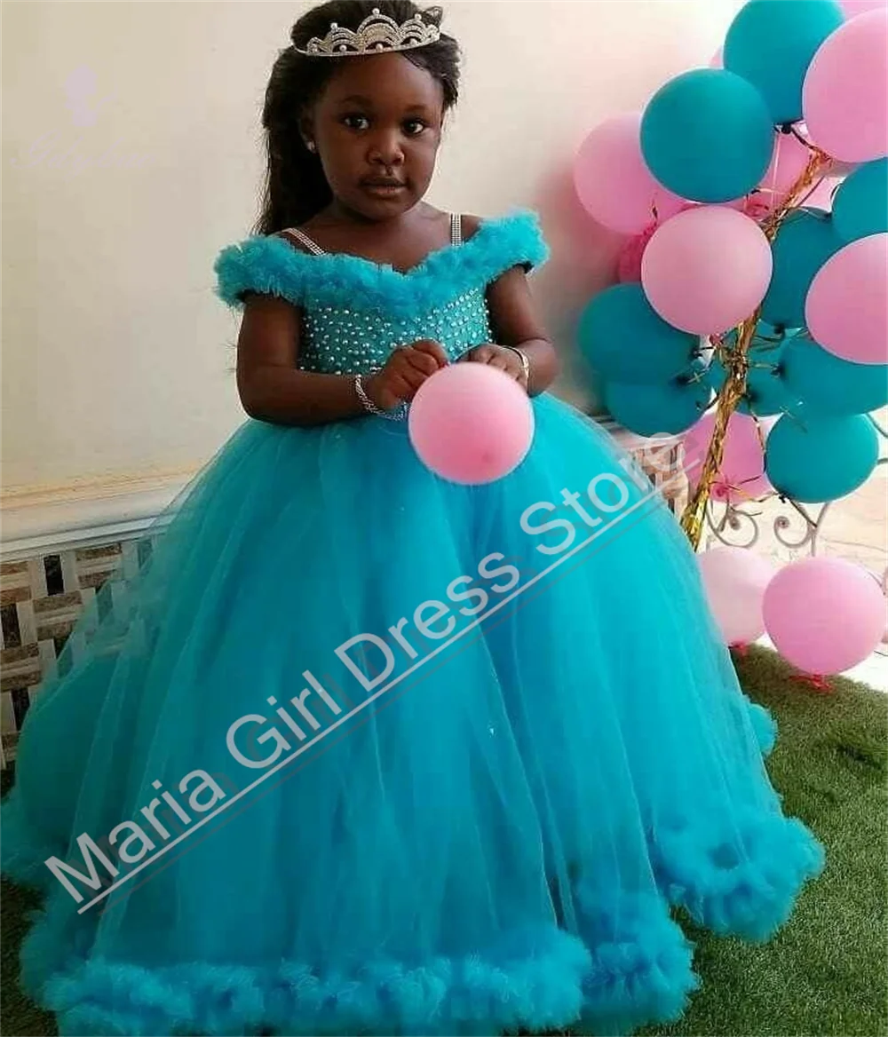 Gezwollen feestjurk voor meisjes met dunne bandjes, kralendecoratie voor schoonheidswedstrijd voor kinderen, eerste communie, avondkleding