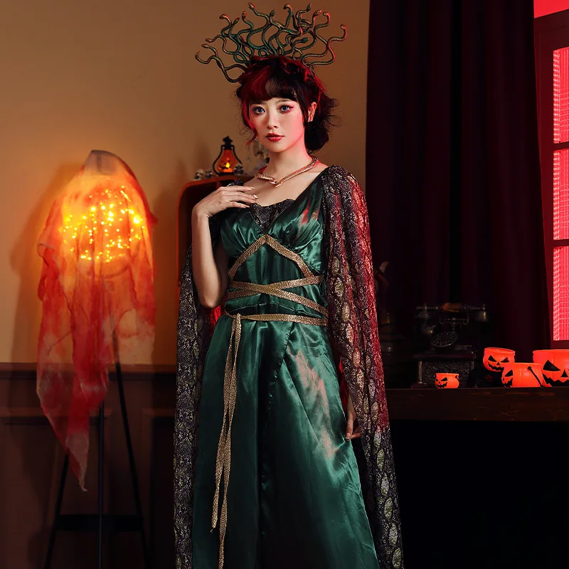 Damen Halloween Par Kostüm Mythischer Schlangenkopf Meeressirene Medusa Cosplay Lange Dr Kopfbedeckung Set Ethnische Bühnenkleidung
