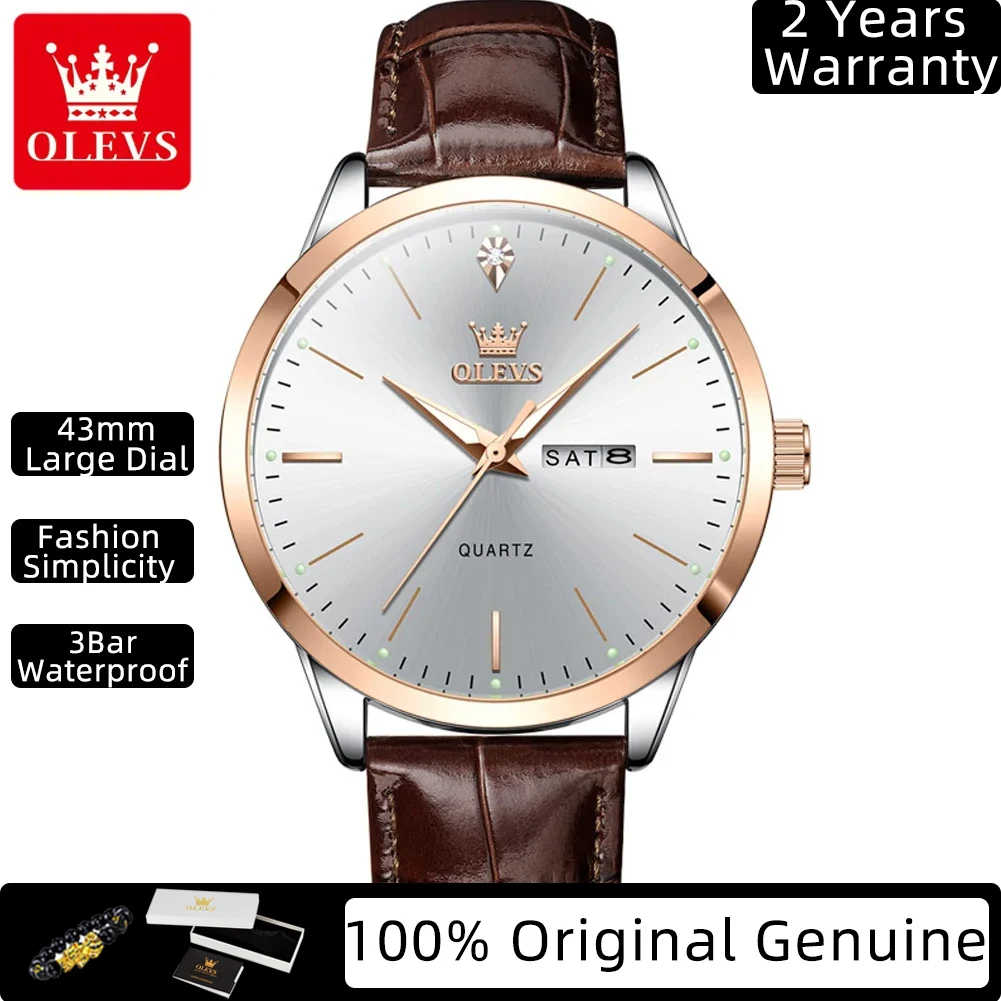 OLEVS Quartz Man Watch Simple Large Dial Brand Original Men Watches Leather Strap Week Calendar Luminous Waterproof Watches 2935